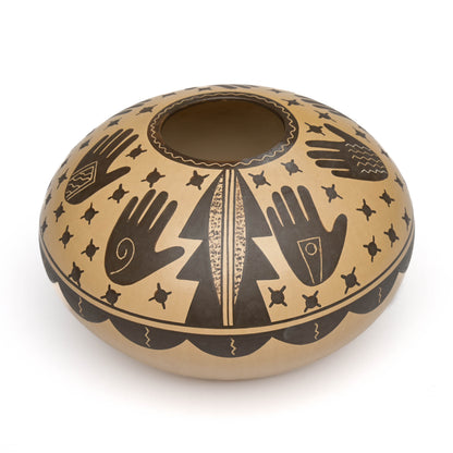 Hopi Hand-coiled, Black and Tan Handpainted Pot with Multiple Handprints