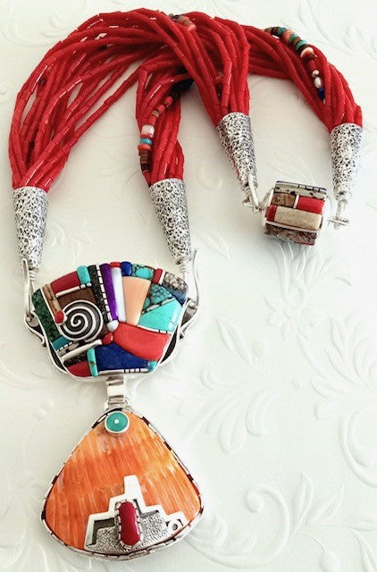 Coral Necklace with inlay and spiny oyster shell pendant